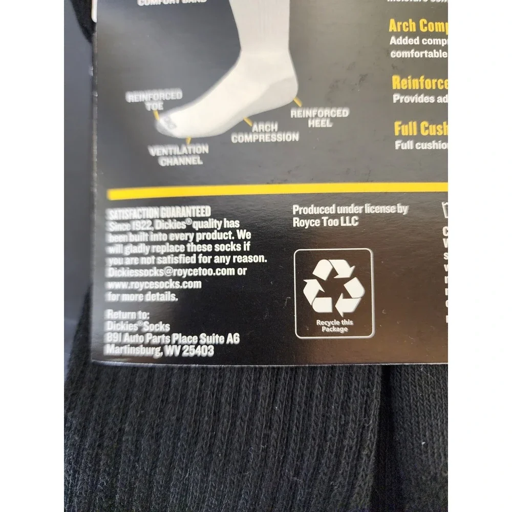 Dickies Size 12-15 Big and Tall Mens Dri Tech Crew Work Cushion Socks 6 Pairs